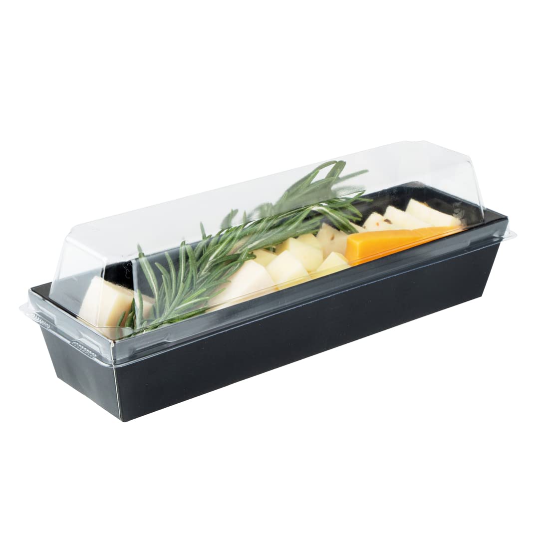 Restaurantware Matsuri Vision 6.5 x 1.7 x 1.4 Inch Sushi Trays, 100 Greaseproof Sushi Packaging Boxes - Lids Sold Separately, Disposable, Black Paper Sushi Containers, For Appetizers Or Desserts