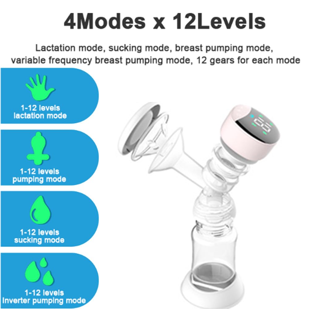 Electric Breast Pump, 4 Modes 12 Adjustable Levels, Fully Automatic, Comfortable Suction, Massage Breastfeeding, Silent Milk Extractor, with Storage Bottle, LED Touch Screen