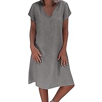 Cotton Linen Dresses for Women 2024 Lightweight Short Sleeve Sundress Summer Loose Comfy Plus Size V Neck Beach Dress