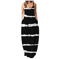 Maxi Dresses for Women 2024 Strappy V Neck Sleeveless Color Block Striped Boho Cami Long Beach Sundress with Pockets
