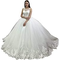 MllesReve Ball Gown Wedding Dresses for Bride Crew Neck Lace Applique Princess Bridal Wedding Gown Corset Back