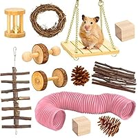 Hamster Chew Toys,Pet Natural Wooden 12pcs Dumbbells Exercise Bell Roller Tunnel Tube ect.Teeth Care Molar Toy for Parrot Syrian Hamster Gerbil Rat Guinea Pig Gerbil ect.Small Animals