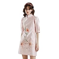 Chinese embroidery cheongsam dress short puff sleeve dress