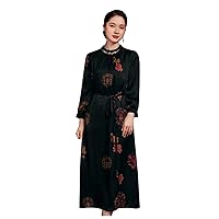 Silk Fragrant Cloud Yarn Dress Printing Stand Collar Embroidered Cheongsam Black High Waist Midi Dress 2529