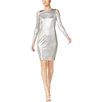 Calvin Klein Womens Petites Cold Shoulder Metallic Cocktail Dress Silver 6P