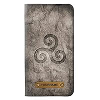 RW2892 Triskele Symbol Stone Texture PU Leather Flip Case Cover for iPhone 11 Pro with Personalized Your Name on Leather Tag