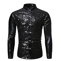Silver Metallic Sequins Shirt Glitter Men Disco Party Halloween Costume Chemise Homme Stage Shirt Male