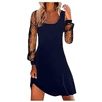 Womens Square Neck Mesh Long Sleeve Mini Dress Solid Color A Line Swing Party Dresses Spring Dresses for Women 2023