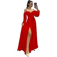 Women’s Long Sleeve Bridesmaid Dresses with Pockets Spaghetti Straps Pleated Formal Cocktail Prom Dress with Slit