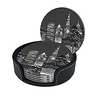 New York Print Coaster,Round Leather Coasters with Storage Box for Wine Mugs,Cold Drinks and Cups Tabletop Protection (6 Piece)