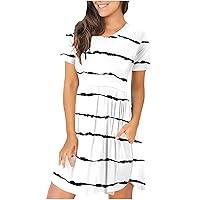 Summer Dress for Women 2024 Casual Crewneck Short Sleeve Mini Dress Empire Wasit Pleated Dress Loose Flowy Dress with Pocket