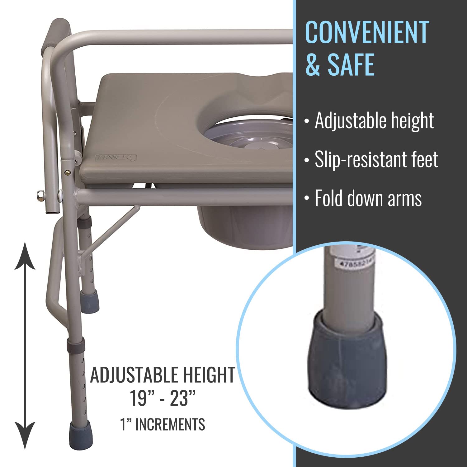 DMI Bedside Commode, Portable Toilet, Commode Chair, Raised Toilet Seat with Handles, Holds up to 500 Pounds with Included 7 qt Commode Bucket, Adjustable from 19-23 Inches, Extra Wide Commode
