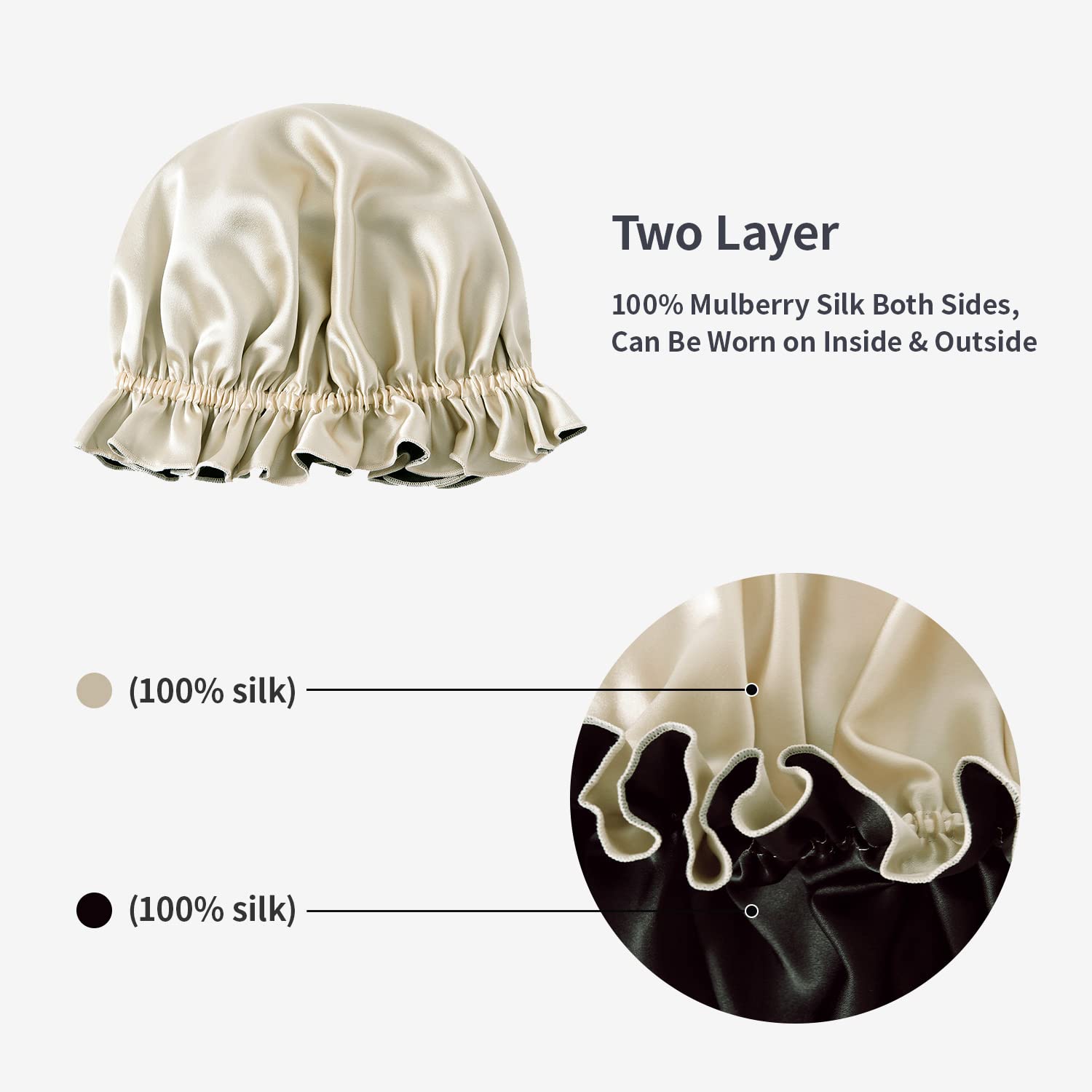 ZIMASILK 100% Mulberry Silk Bonnet for Women Hair Care, Double Layered, Silk Hair Wrap for sleeping with Elastic Stay On Head (1Pc, Taupe+Black)