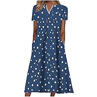Women Plus Size Short Sleeve Notch V Neck Dress Trendy Heart Print Midi Dresses with Pockets Loose Swing Casual Dress