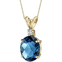 PEORA London Blue Topaz with Diamond Pendant for Women 14K Yellow Gold, Genuine Gemstone Solitaire, 3 Carats Oval Shape, 10x8mm