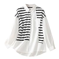 Womens Cotton Linen Button Down Shirts Color Block Stripe Print Tops Long Sleeve Business Work Blouses with Pocket