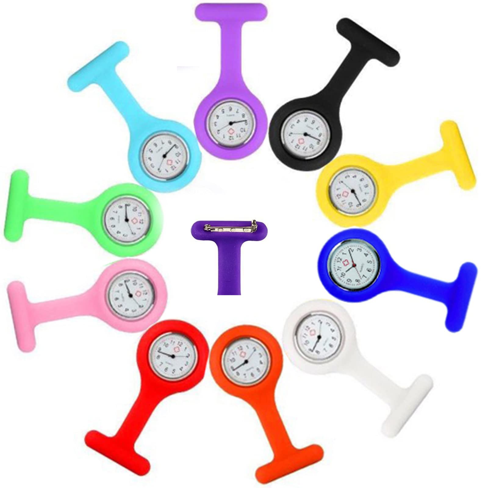 Fashionwu 10 Pcs Silicone Nurse Watches with Clip, Fob Watches for Nurses Portable Nurse Watch Brooch for Women Men, Unisex Portable Silicone Quartz Watches
