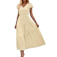 Womens Elegant Dress Long V Neck Cap Sleeve Maxi Dress Party Wedding Dress Summer Vacation Pleated Layered Dress