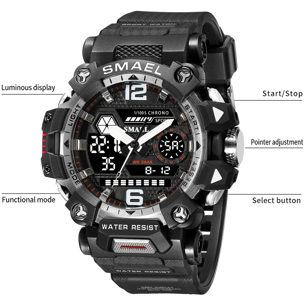 SMAEL Men's Watches Outdoor Sport Military Watch Waterproof Analog-Digital Multi Function Electronic LED Alarm Stopwatch Quartz Wristwatches