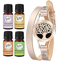 Wild Essentials Rose Gold Tree Essential Oil Leather Wrap Bracelet Diffuser, Gift Set, Lavender, Lemongrass, Peppermint, Orange Oils, 12 Pads, Customizable Color Changing Perfume Jewelry, Aromatherapy