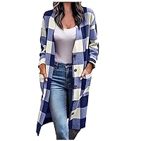 Women Button Down Shacket Flannel Shirts Fashion Plaid Trench Cardigans Long Jacket Coats 2024 Fall Casual Outwear
