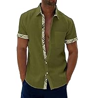 Men's Linen Shirts Casual Button Down Short Sleeve Shirt Solid Print Collar Bowling Breathable Quick Dry Regular Fit Top