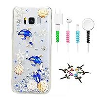 STENES Sparkle Case Compatible with Samsung Galaxy S20 FE 5G Case - Stylish - 3D Handmade Bling Dolphin Starfish Shell Design Cover Case with Cable Protector [4 Pack] - Blue
