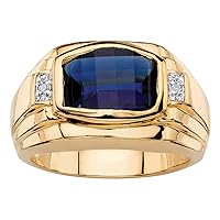 PalmBeach Jewelry Men's 18K Yellow Gold Plated Emerald Cut Created Red Ruby or Blue Sapphire and Diamond Accent Ring