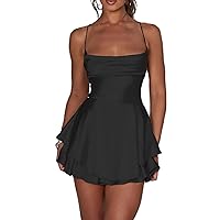 Women Sexy Romper Dress Cowl Neck Spaghetti Strap Open Back Stain Mini Dress Ruffle Layer Party Club Dress