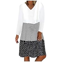 2023 Tiered Polka Dots Stripes Dress for Women Long Sleeve V-Neck Casual Loose Flowy Patchwork Tunic Swing Dress