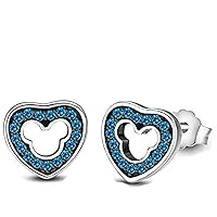 Lovely Heart Mickey Mouse 14K Black & White Gold Over 925 Sterling Sliver With Fashion Round Cut Blue Topaz Cubic Zirconia Stud Earring For Teen Girls and Women's Valentine's Day Gift,Birthday Gifts