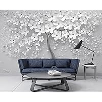 3D Black Floral Wall Mural | Embossed Look Removable Floral Wallpaper with Stunning White Flowers and Black Trunk Tree Design