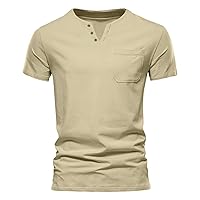 Men's Casual Front Pocket Short Sleeve Henley T-Shirts Premium Slim Fit Lightweight Tee Tops Solid V Neck Button Down Blouse