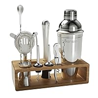 Cocktail Shaker Set, Bartender Kit with Strainer, Cocktail Kit and Bar Accessories with Bamboo Stand, Bar Accessories for The Home Bar Set - Silver.
