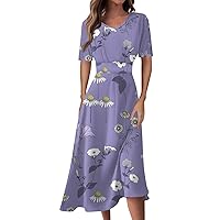 Flowy Dresses for Women Floral Print Bohemian Elegant Pretty Slim Fit with Short Sleeve V Neck Tunic Dress