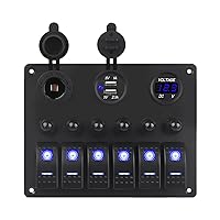 6 Gang Switch Panel, Marine Boat Rocker Switch Panel with On-Off Switches Waterproof Aluminum Panel Blue LED Dual USB Port Voltmeter 12V Cigarette Lighter Socket for Car RV Truck Boat