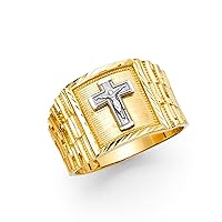 Solid 14k Yellow White Gold Big Jesus Cross Square Ring Mens Large Crucifix Band Two Tone 14MM Size 10