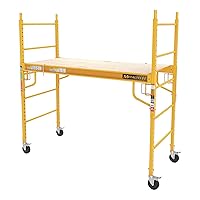 Baker Adjustable Steel Platform Jobsite Series 6 Feet Tall Mobile Scaffolding Ladder with Locking Caster Wheels, Yellow