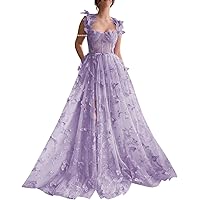 3D Butterfly Tulle Prom Dresses for Women 2024 Lace Applique Princess Prom Dress Long Ball Gown with Slit