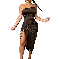 Women's Satin Dress Spaghetti Strap Drawstring Ruched Cocktail Evening Party Night Club Dresses