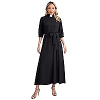 Women's Clergy Dress Church Minister Long Maxi Dress Liturgical Robe Tab Collar Priest Pastor Preacher Dresses