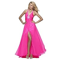 Clarisse Embellished Open Back Halter Gown with Slit 2133, Flamingo, 8