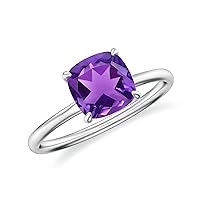 Natural Amethyst Cushion Solitaire Ring for Women Girls in Sterling Silver / 14K Solid Gold/Platinum