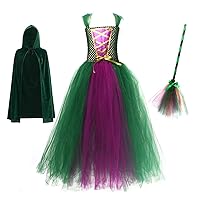 Girls Witch Halloween Costume Princess Tutu Dress up with Broom Cape Cosplay Party Photo Shoot Outfit for Kids 2-12T