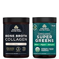 Ancient Nutrition Bone Broth Protein Powder, Pure, 20 Servings + Organic Supergreens Powder, Greens Flavor, 25 Servings