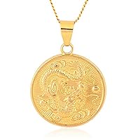 24K Gold Plated Copper Dragon Statue Coin Pendant Necklace for Men and Women Girl, small, Copper, Quartz
