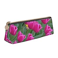 Tulips Pen Case Small Pencil Bag Triangle Pu Leather Pen Pouch Pen Bag Storage Bag With Zipper