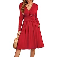 WEACZZY Women's 2024 Spring Long Sleeve Casual Dresses V-Neck Semi Formal Party Dress with Pockets