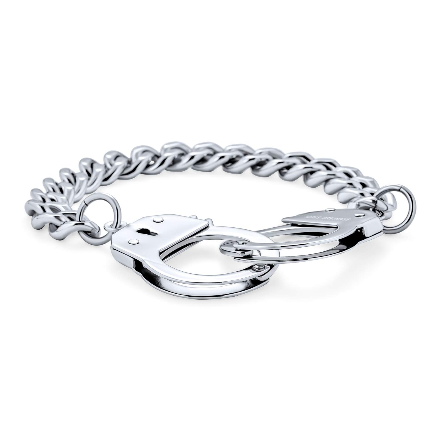 Biker Jewelry Interlocking Handcuff Bracelet for Men with Padlock Curb Chain Black IP Silver Tone Stainless Steel 8,8.5 Inch