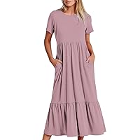 Sold and Shipped by Amazon Only Products Women Crewneck Neck Dress Short Sleeve Summer Dresses Tiered Ruffle Swing T-Shirt Dress Casual Mid-Calf Sundress Women Dresses Party Pink